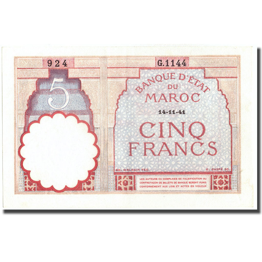 Banknote, Morocco, 5 Francs, 1941, 1941-11-14, KM:23Ab, UNC(63)