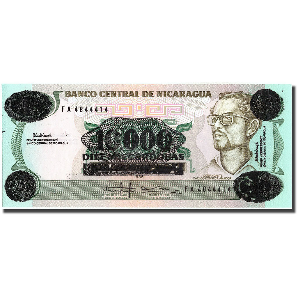 Banknote, Nicaragua, 10,000 Córdobas on 10 Córdobas, 1985, 1985, KM:158