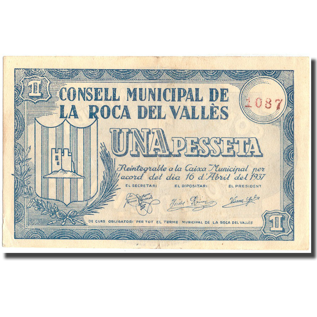 Billet, Espagne, 1 Peseta, La Roca del vallès, 1937, 1937, SUP