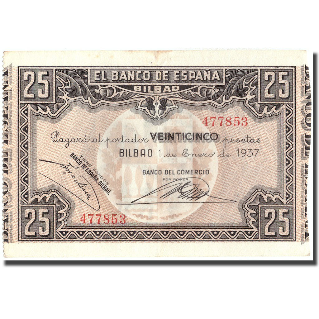 Banknote, Spain, 25 Pesetas, Bilbao, 1937, 1937, EF(40-45)