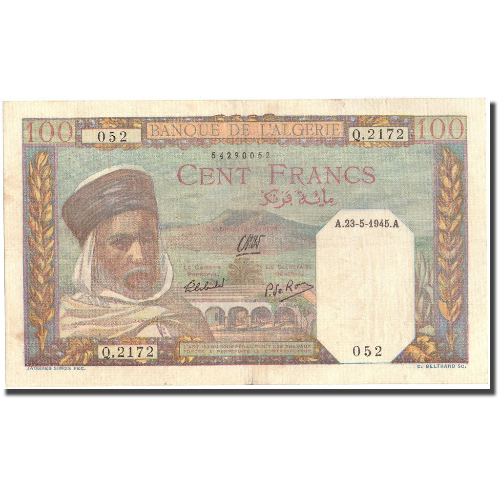 Banknote, Algeria, 100 Francs, 1945, 1945-05-23, KM:85, AU(50-53)