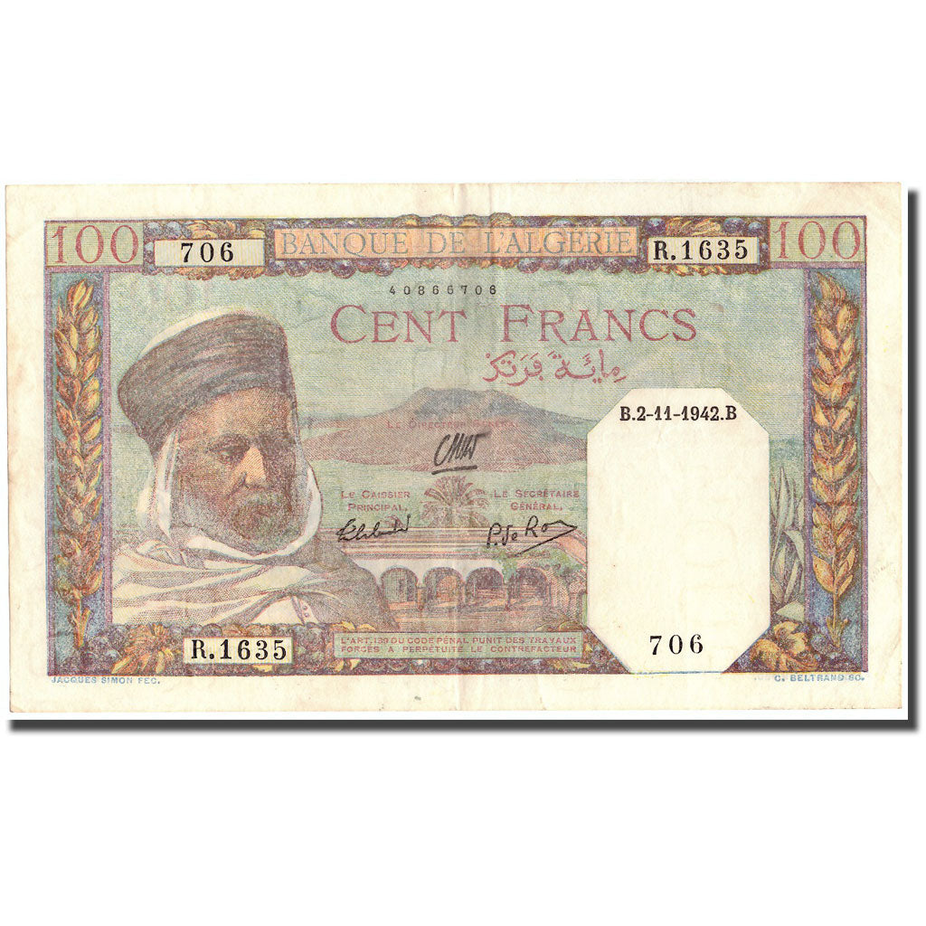 Nota, Argélia, 100 Francs, 1942, 1942-11-02, KM:88, EF(40-45)