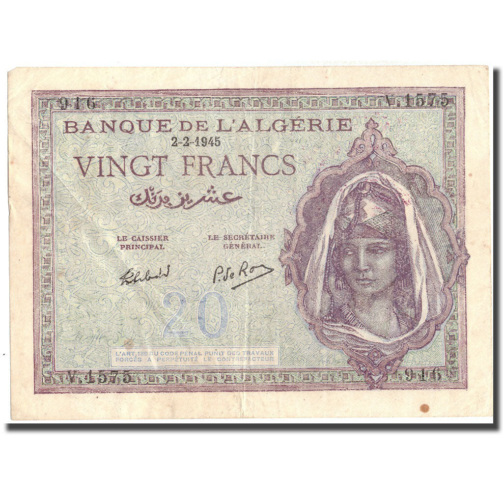 Banknote, Algeria, 20 Francs, 1945, 1945-02-02, KM:92b, AU(50-53)