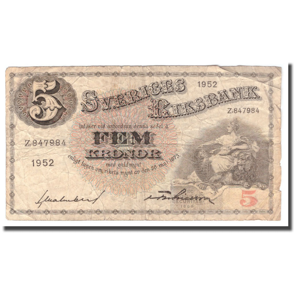 Banknote, Sweden, 5 Kronor, 1952, 1952, KM:33ai, VG(8-10)