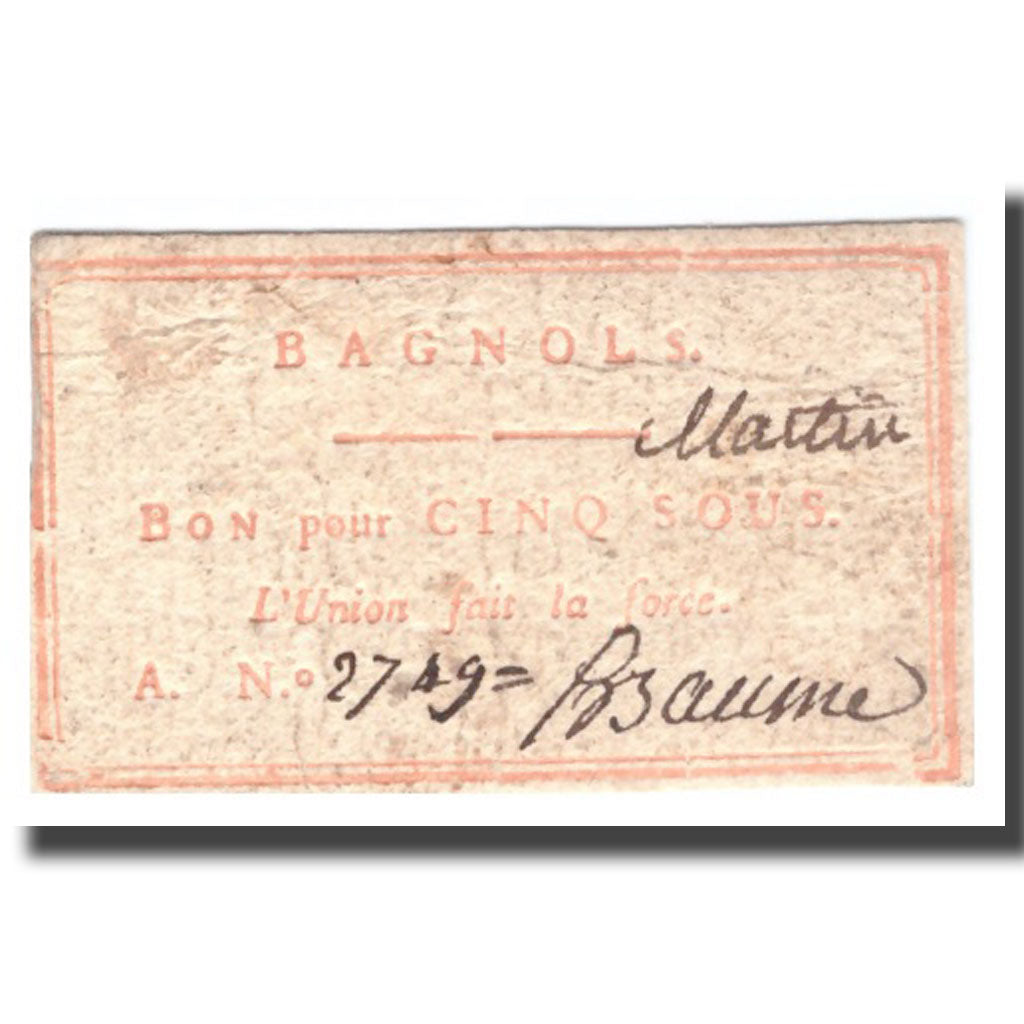 Frankrijk, 5 Sous, Undated (1791-92), BAGNOLS, TB+