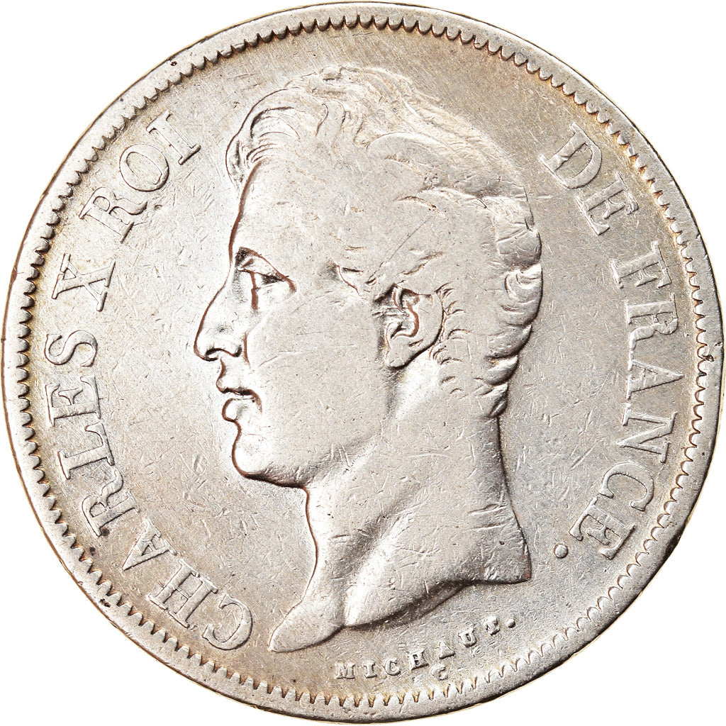 Moneda, Francia, Charles X, 5 Francs, 1829, Rouen, BC+, Plata, KM:728.2