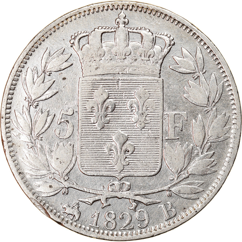 Moneda, Francia, Charles X, 5 Francs, 1829, Rouen, BC+, Plata, KM:728.2