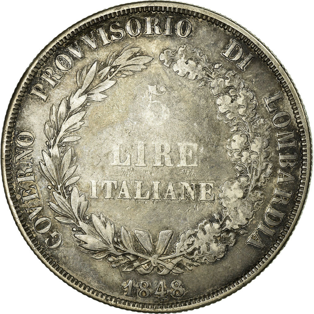Coin, ITALIAN STATES, LOMBARDY-VENETIA, 5 Lire, 1848, Milan, VF(30-35), Silver