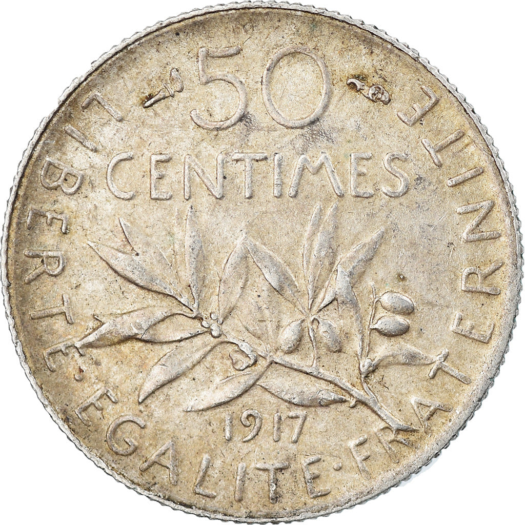 Moneda, Francia, Semeuse, 50 Centimes, 1917, Paris, MBC, Plata, KM:854