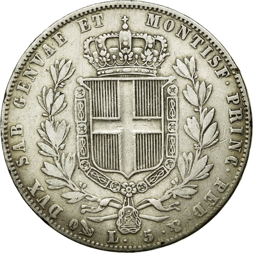 Moneta, STATI ITALIANI, SARDINIA, Carlo Alberto, 5 Lire, 1844, MB+, Argento