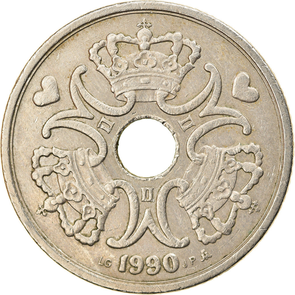 Moneda, Dinamarca, Margrethe II, 5 Kroner, 1990, Copenhagen, BC+, Cobre -