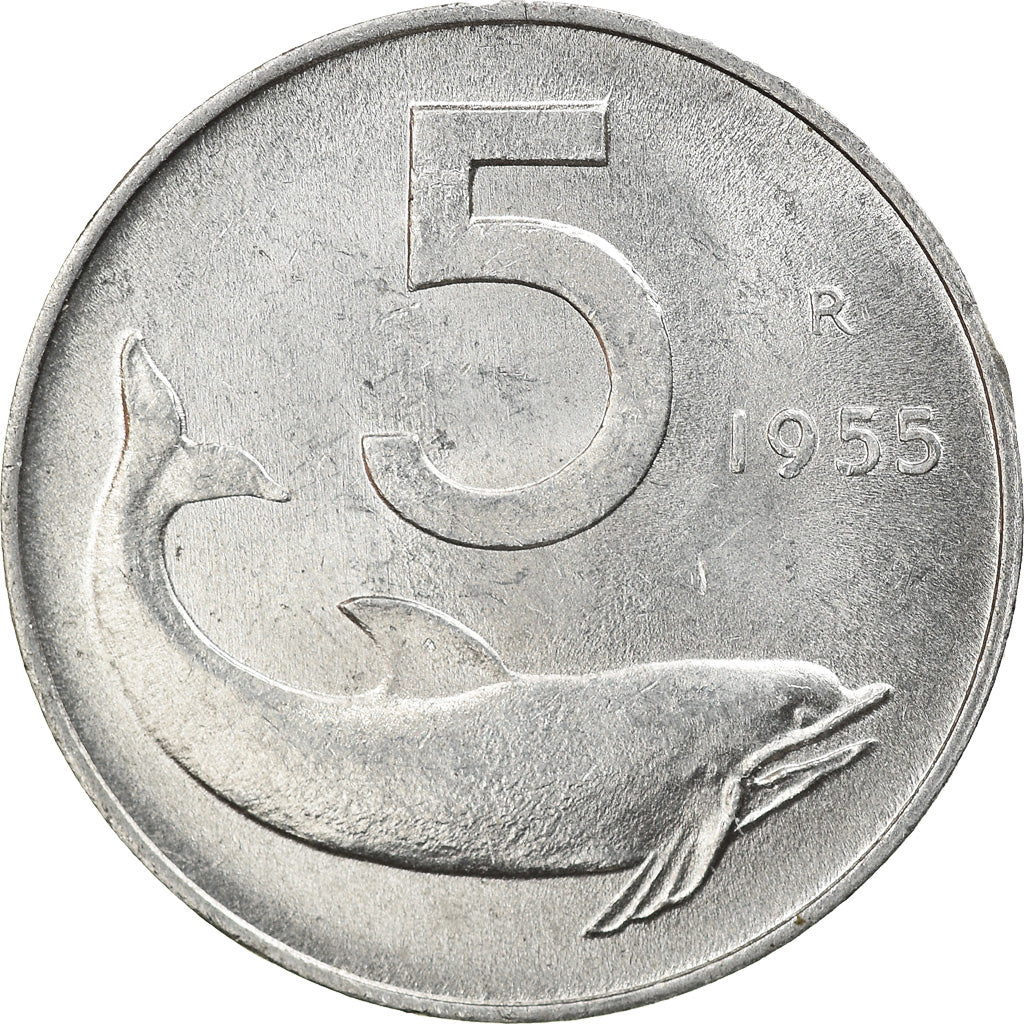 Coin, Italy, 5 Lire, 1955, Rome, AU(55-58), Aluminum, KM:92