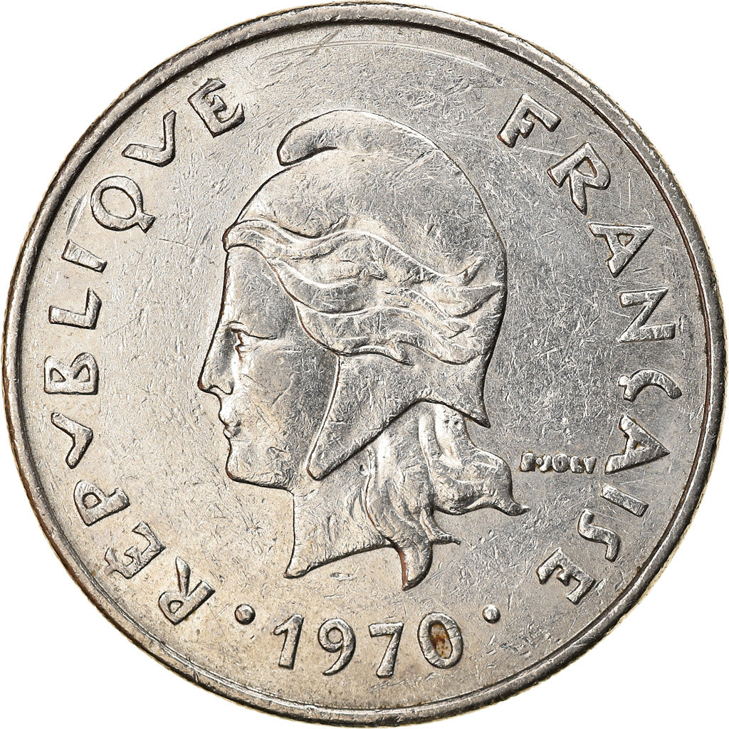 Moneda, Nueva Caledonia, 20 Francs, 1970, Paris, MBC, Níquel, KM:6