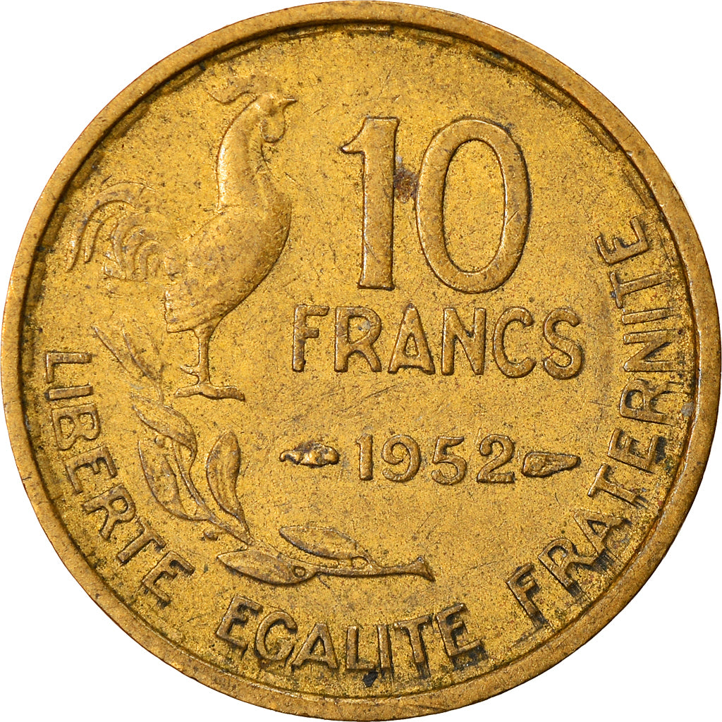 Moneda, Francia, Guiraud, 10 Francs, 1952, Paris, BC+, Aluminio - bronce