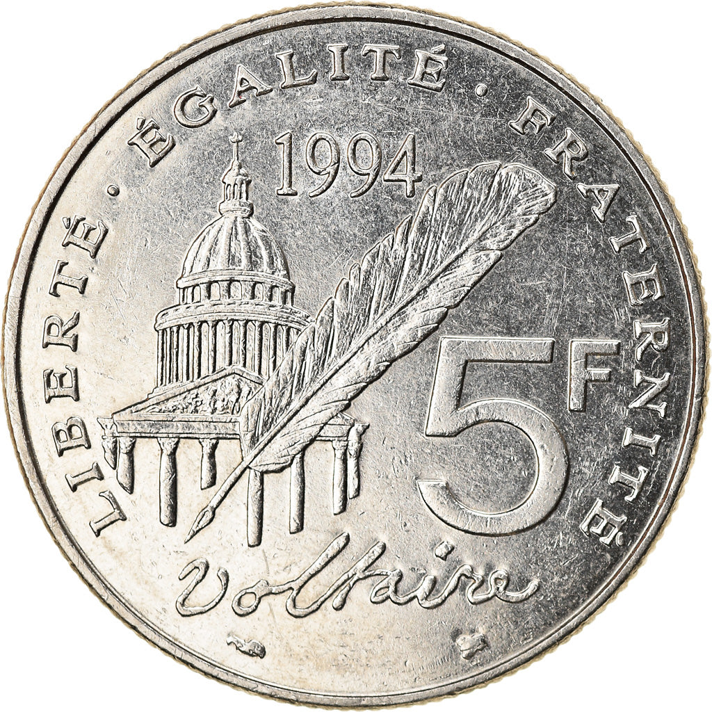 Moneta, Francia, Voltaire, 5 Francs, 1994, SPL-, Nichel, KM:1063, Gadoury:775