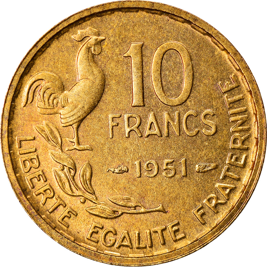 Moneda, Francia, Guiraud, 10 Francs, 1951, Paris, MBC+, Aluminio - bronce