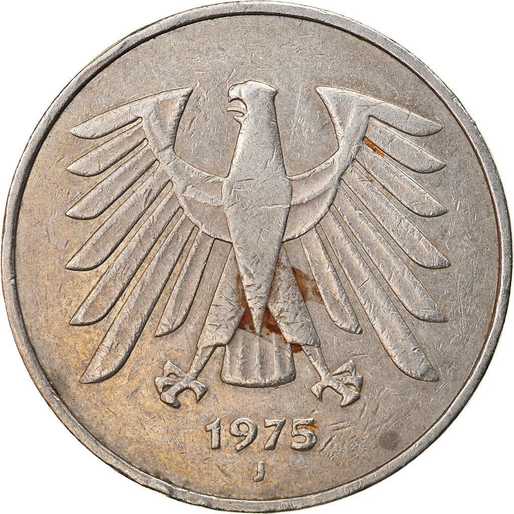 GERMANY - FEDERAL REPUBLIC, 5 Mark, 1975, Hambourg, EF(40-45), Copper-Nickel