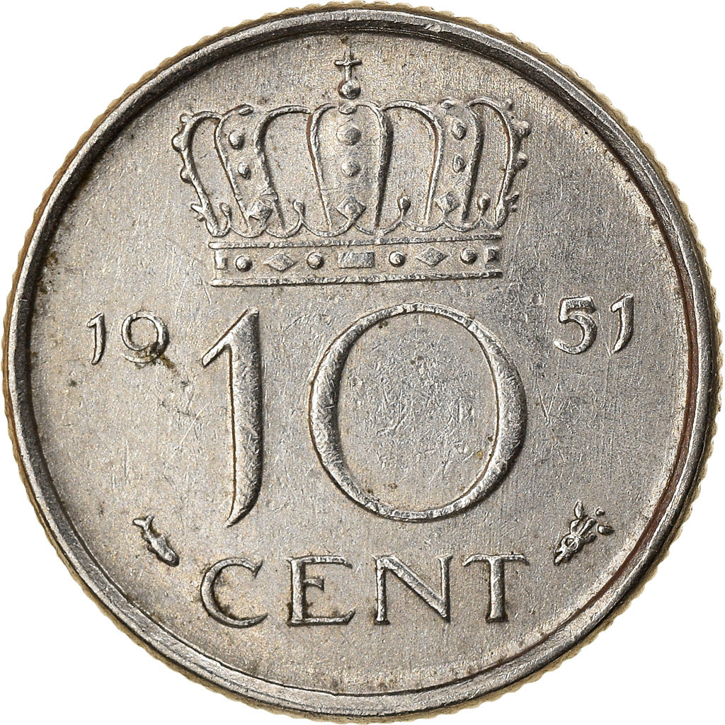Coin, Netherlands, Juliana, 10 Cents, 1951, AU(55-58), Nickel, KM:182