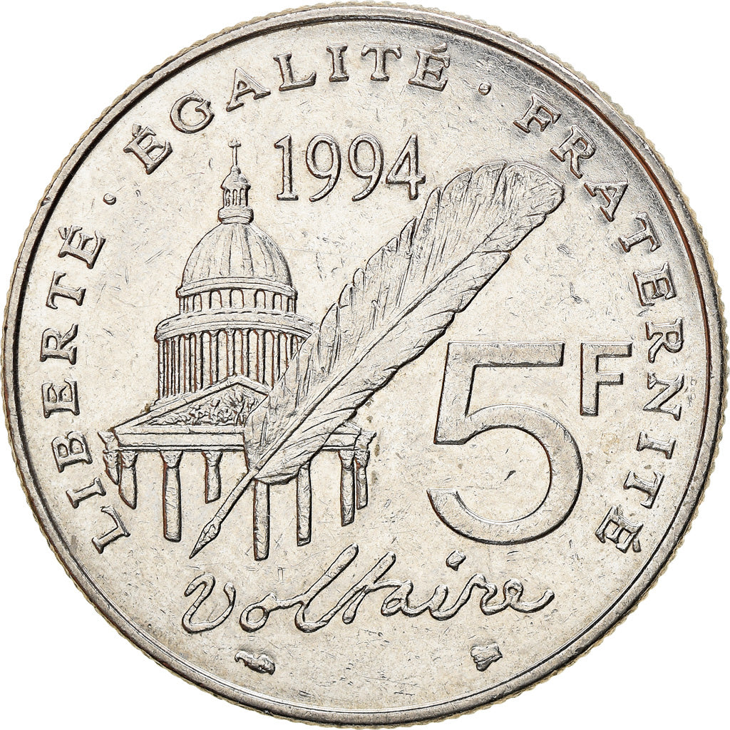 Moneda, Francia, Voltaire, 5 Francs, 1994, Paris, MBC, Níquel, KM:1063