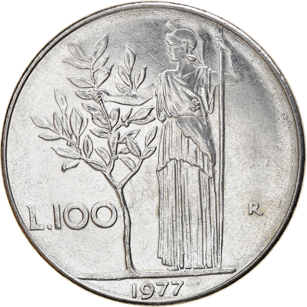Coin, Italy, 100 Lire, 1977, Rome, AU(50-53), Stainless Steel, KM:96.1