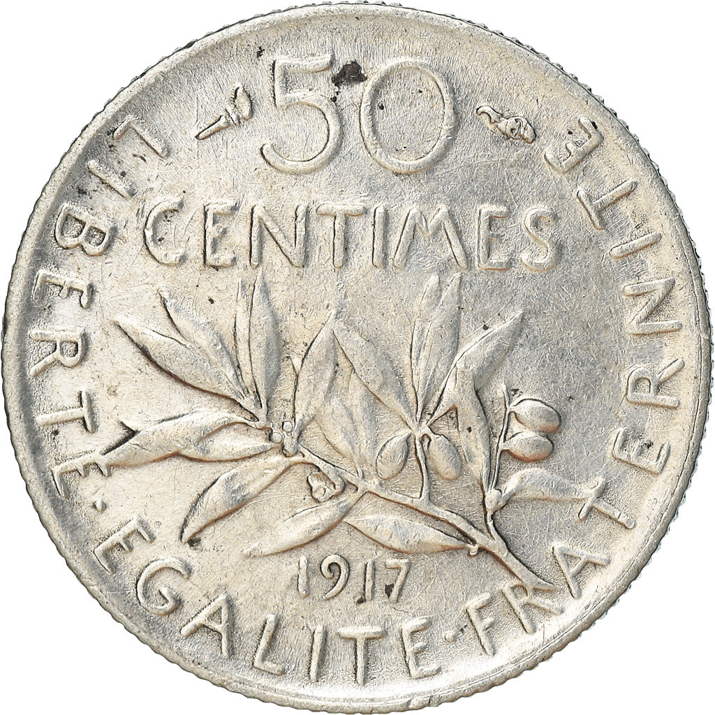 Moeda, França, Semeuse, 50 Centimes, 1917, Paris, AU(50-53), Prata, KM:854