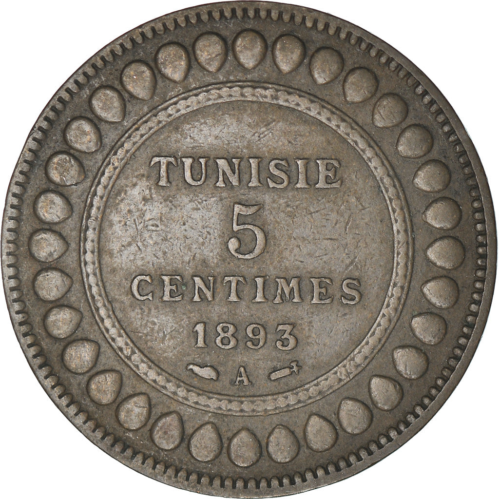 Coin, Tunisia, Ali Bey, 5 Centimes, 1893, Paris, EF(40-45), Bronze, KM:221
