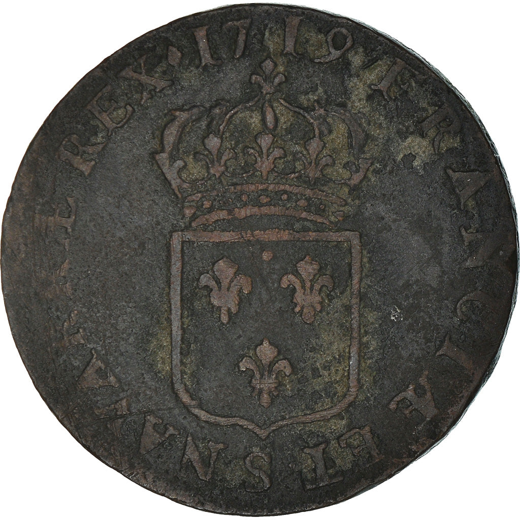 Coin, France, Louis XV, Sol au buste enfantin, Sol, 1719, Reims, VF(30-35)