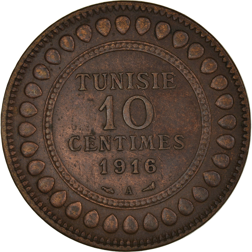 Munten, Tunisië, Muhammad al-Nasir Bey, 10 Centimes, 1916, Paris, ZF+, Bronzen