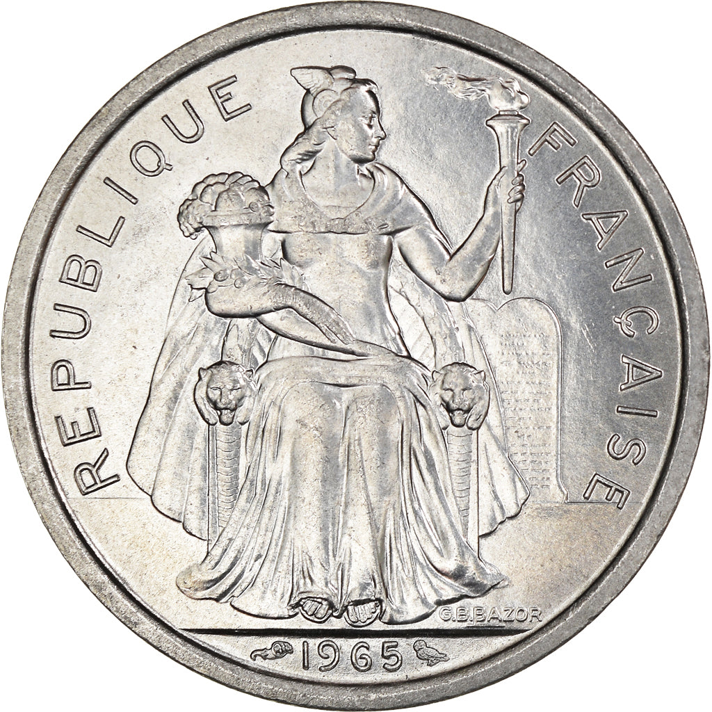 Coin, French Polynesia, 2 Francs, 1965, Paris, MS(63), Aluminum, KM:3