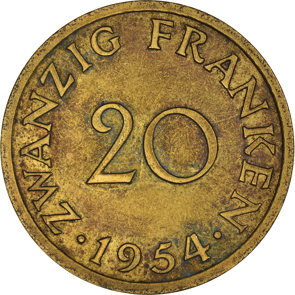 Moneta, SAARLAND, 20 Franken, 1954, Paris, MB+, Alluminio-bronzo, KM:2