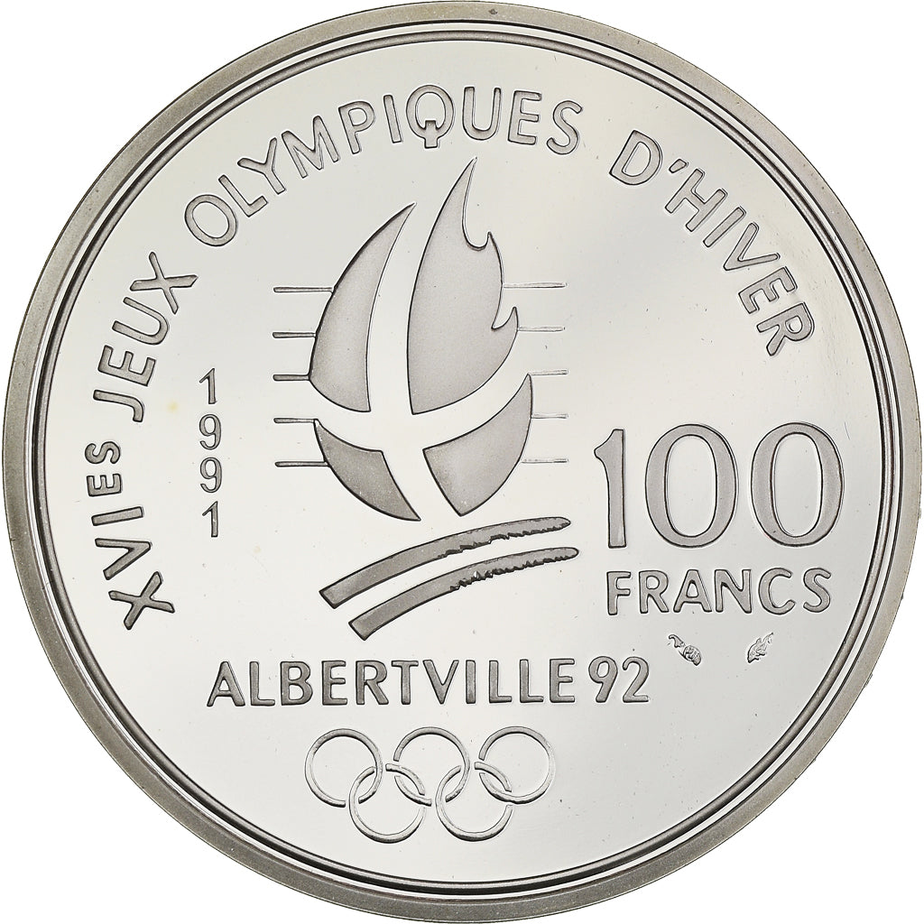 Moneda, Francia, Ski jumpers, 100 Francs, 1991, BE, FDC, Plata, KM:995