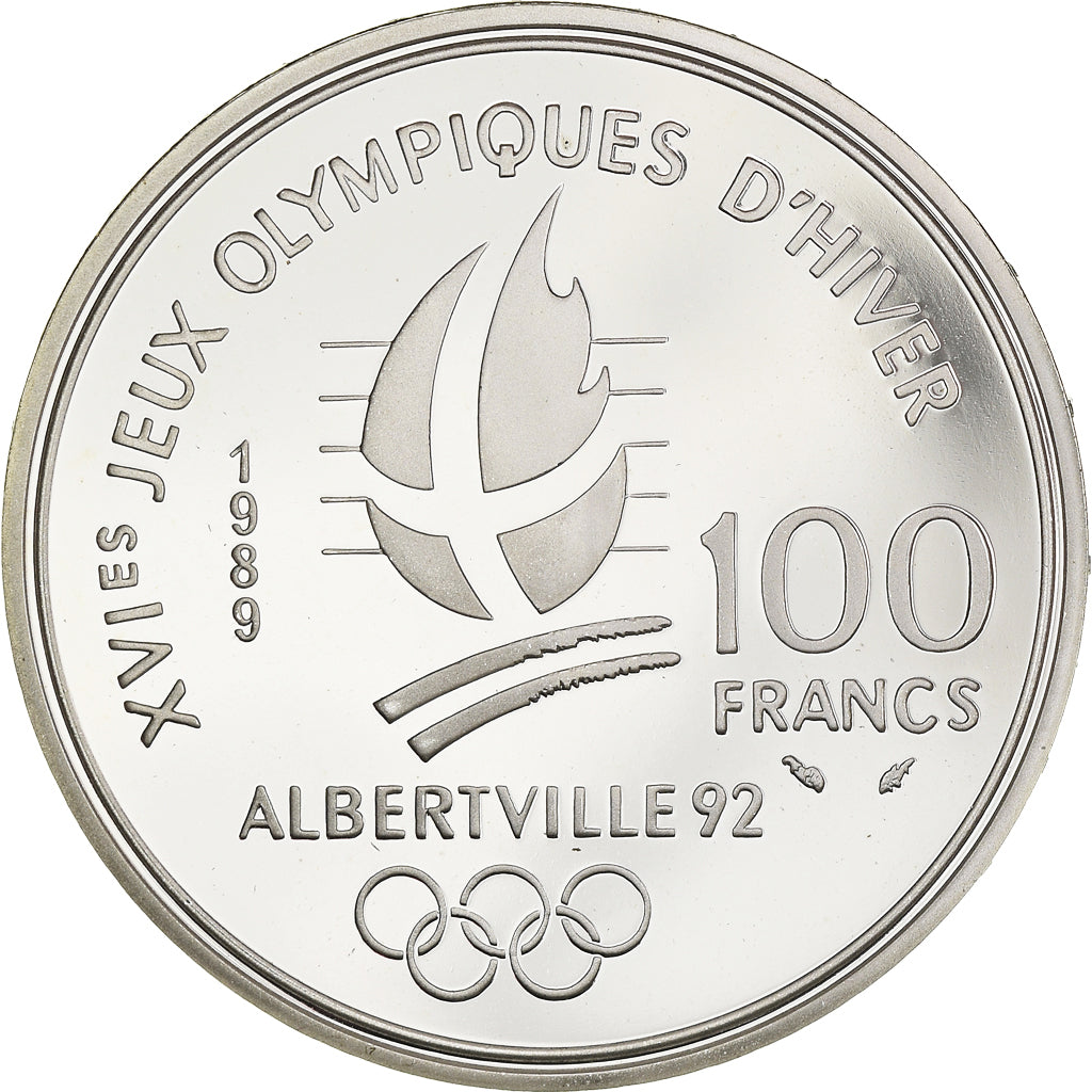 Moneta, Francja, Alpine skiing, 100 Francs, 1989, BE, MS(65-70), Srebro, KM:971