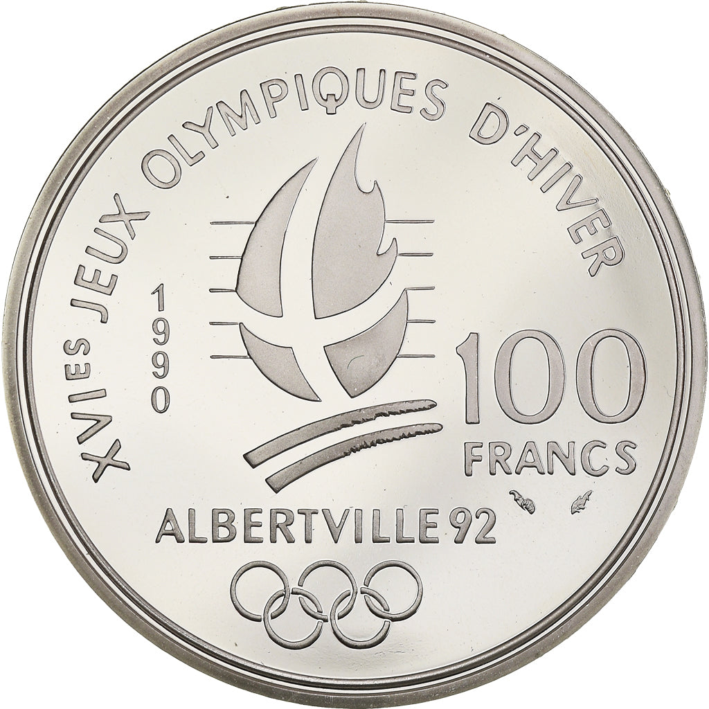 Monnaie, France, Bobsleigh, 100 Francs, 1990, Albertville 92, FDC, Argent