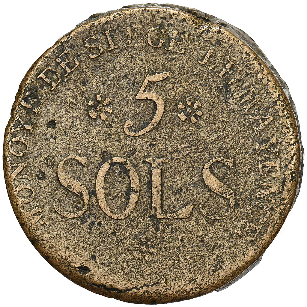 France, 5 Sols, 1793 / An 2, Mainz, Siege Coinage, Bell metal, VF(30-35)