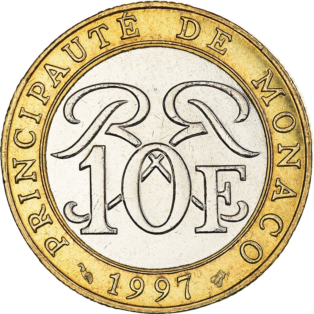Moeda, Mónaco, Rainier III, 10 Francs, 1997, MS(63), Bimetálico, KM:163