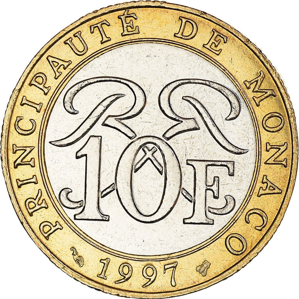 Moeda, Mónaco, Rainier III, 10 Francs, 1997, MS(63), Bimetálico, KM:163