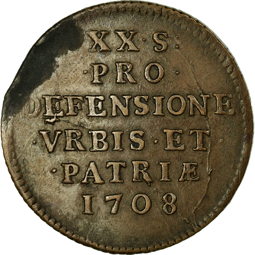 Moneta, STATI FRANCESI, LILLE, 20 Sols, 1708, BB+, Rame, Boudeau:2313