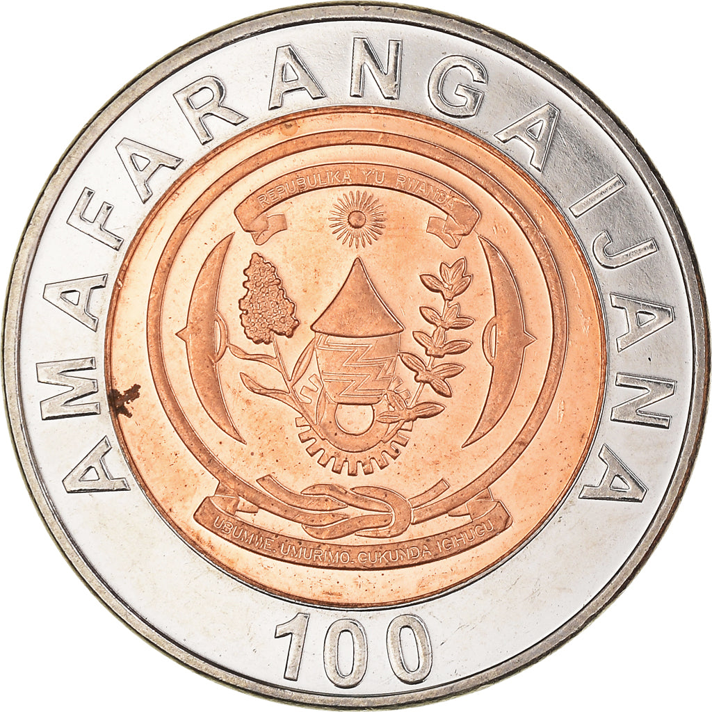 Moneda, Ruanda, 100 Francs, 2007, British Royal Mint, SC, Bimetálico, KM:32