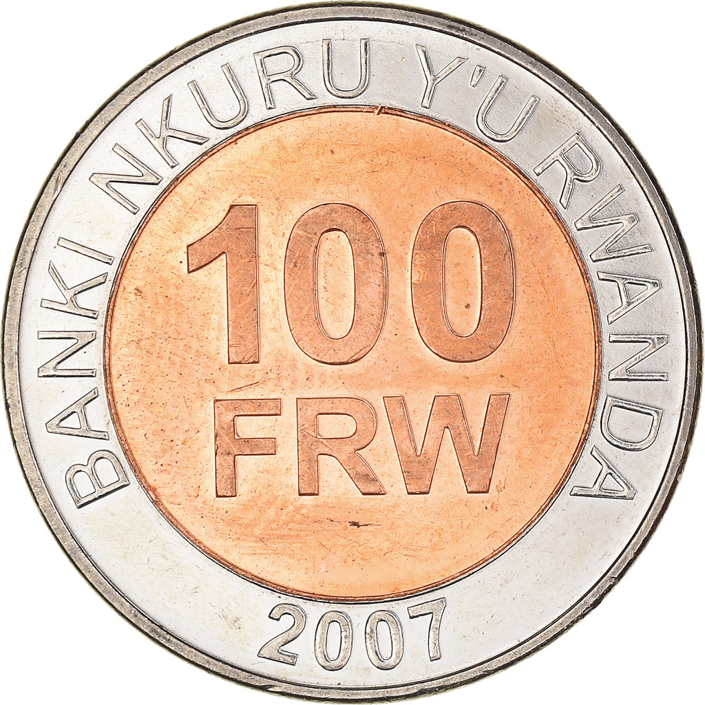 Moneda, Ruanda, 100 Francs, 2007, British Royal Mint, SC, Bimetálico, KM:32