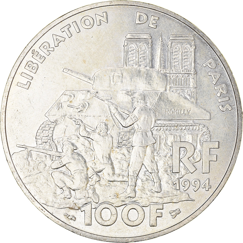 Moeda, França, Libération de Paris, 100 Francs, 1994, AU(55-58), Prata