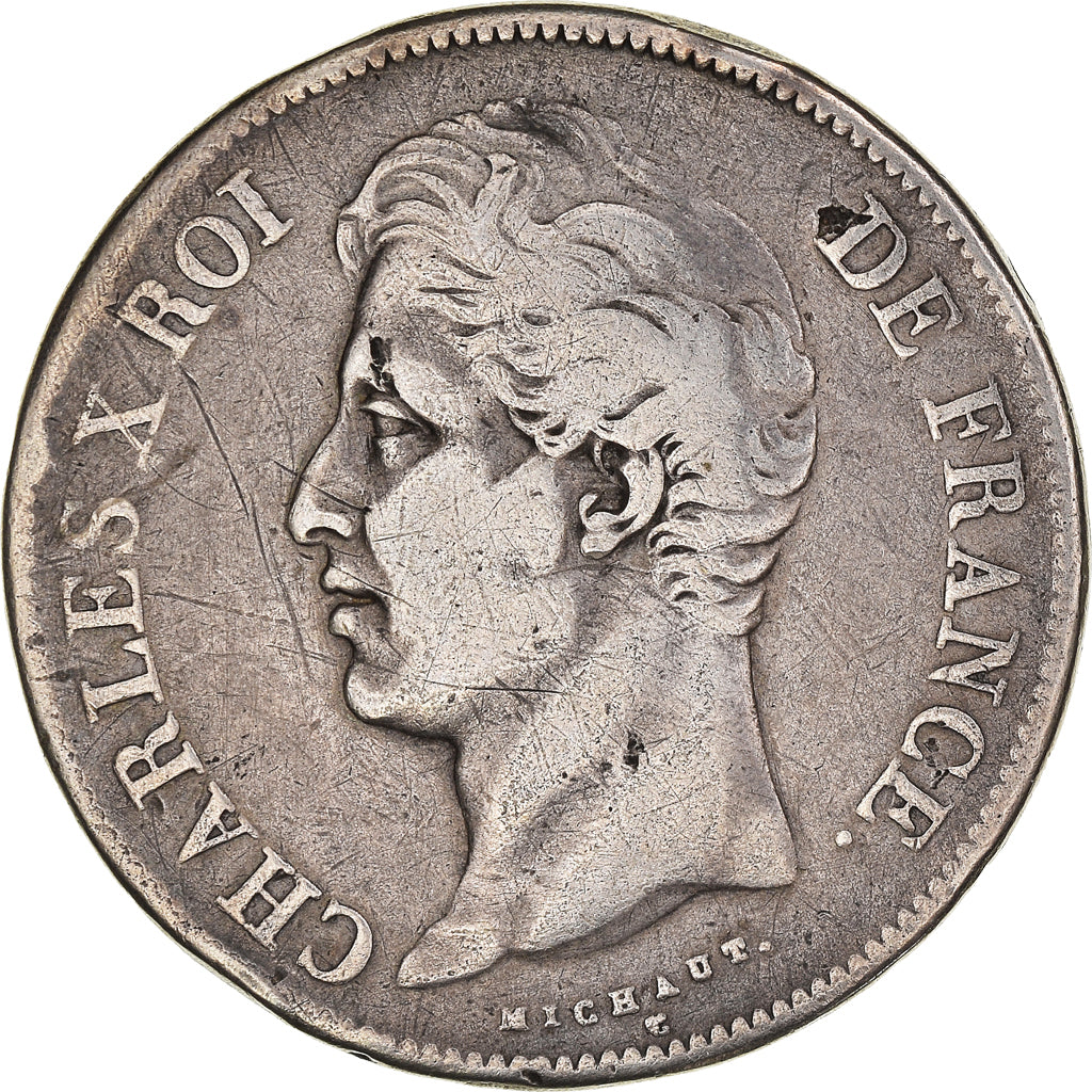 Coin, France, Charles X, 5 Francs, 1827, Nantes, VF(30-35), Silver, KM:728.12