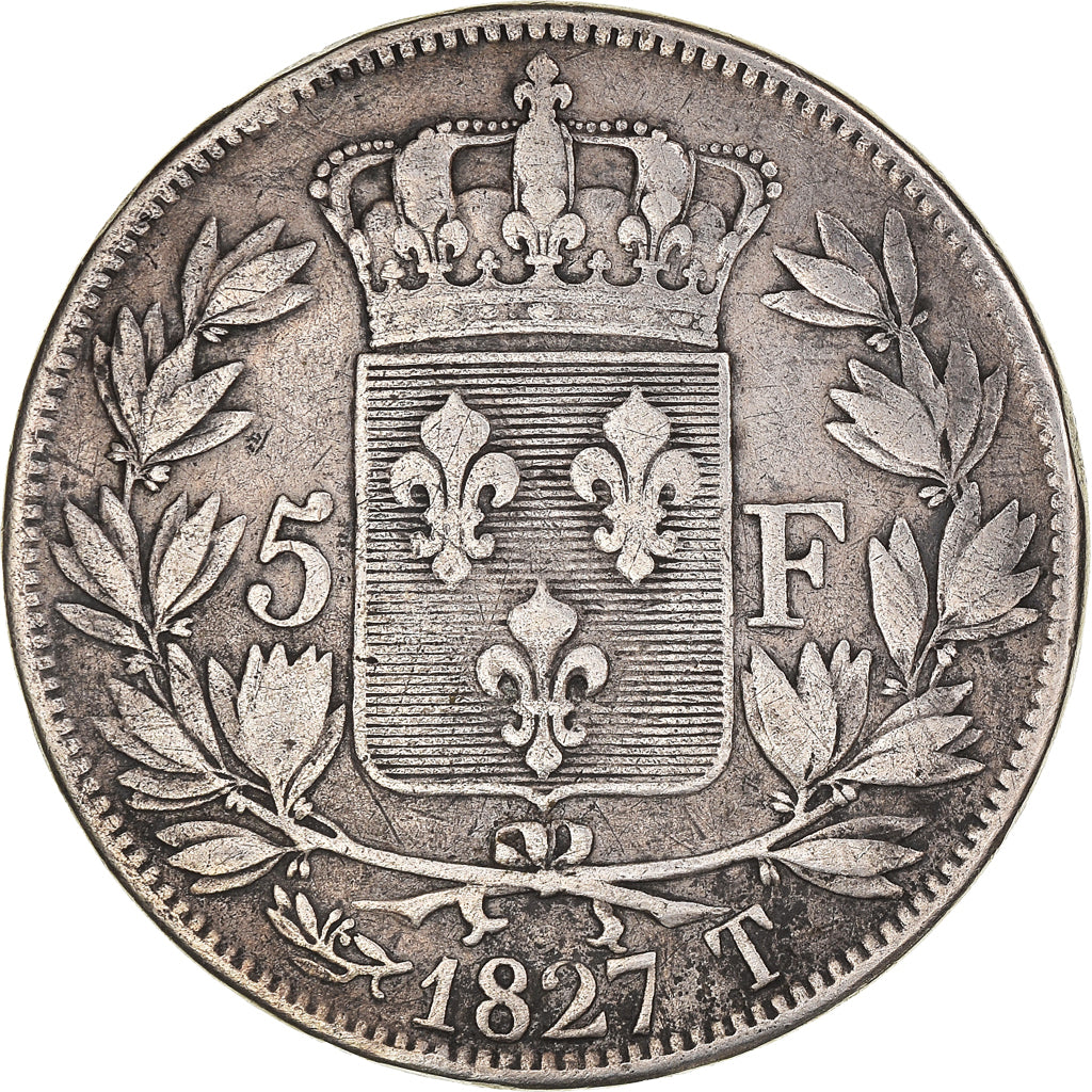 Coin, France, Charles X, 5 Francs, 1827, Nantes, VF(30-35), Silver, KM:728.12