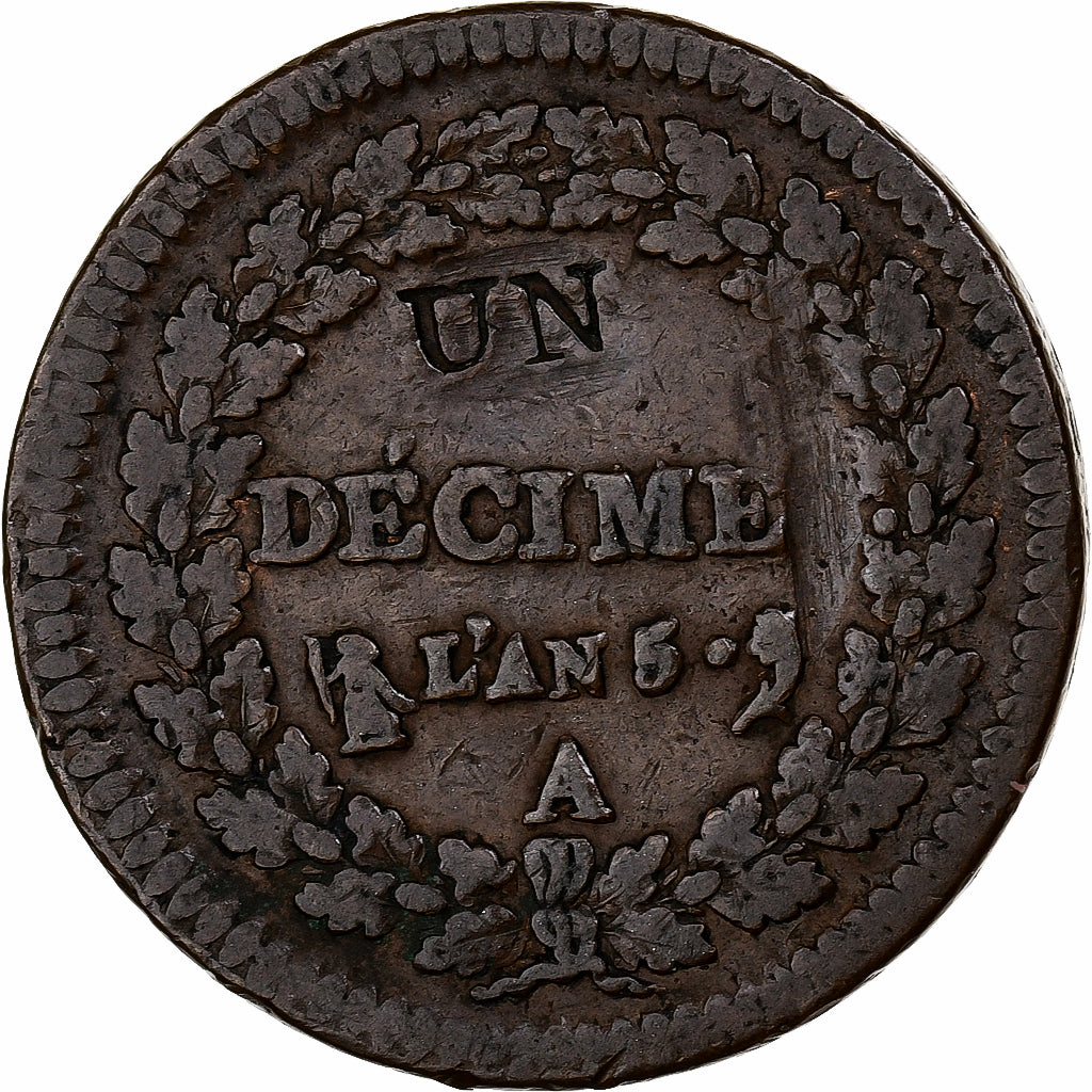 France, 1 Décime, Dupré, AN 5, Paris, Modification of 2 décimes, Copper