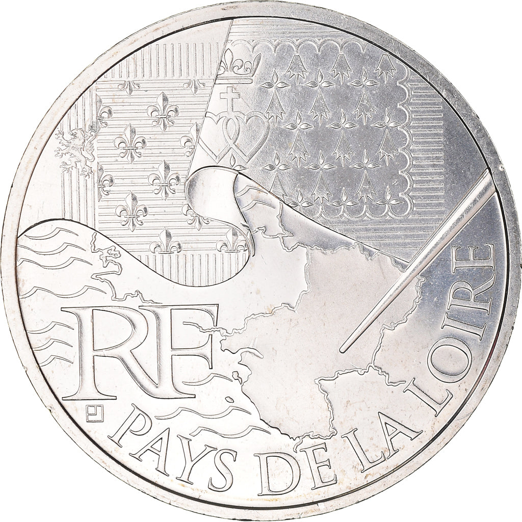 France, 10 Euro, 2010, Paris, Pays De La Loire, MS(63), Silver, KM:1665
