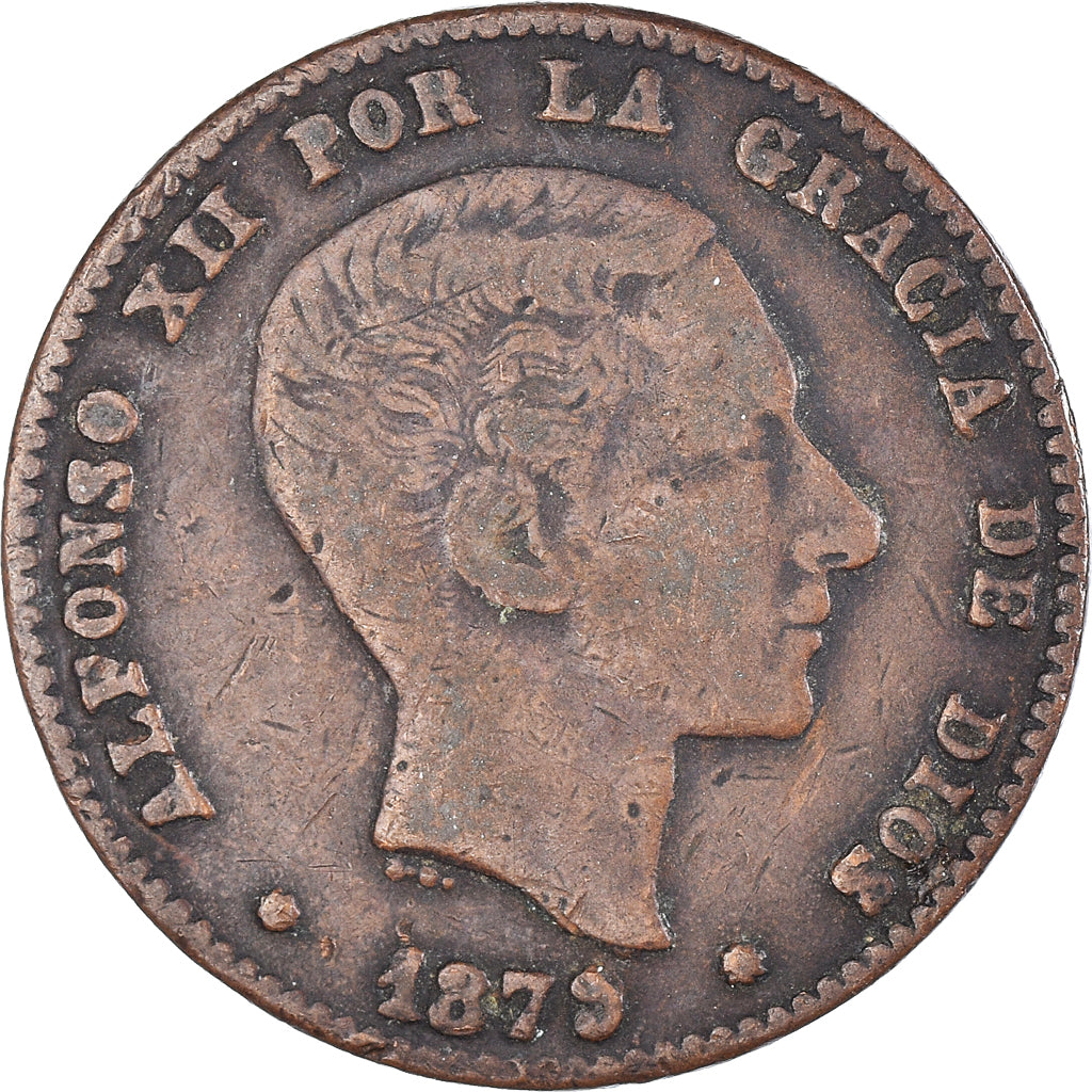 Coin, Spain, Alfonso XII, 10 Centimos, 1879, Barcelona, VF(30-35), Bronze