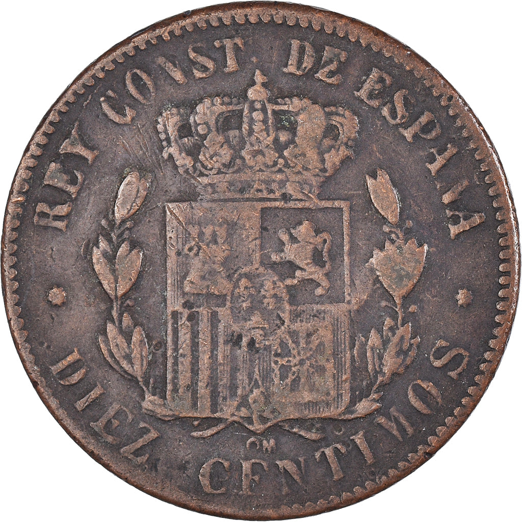 Coin, Spain, Alfonso XII, 10 Centimos, 1879, Barcelona, VF(30-35), Bronze