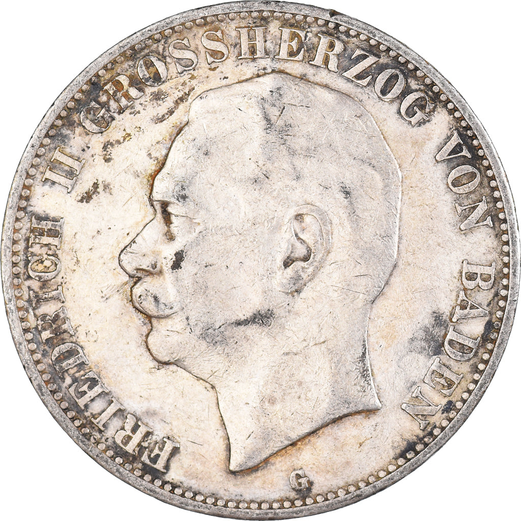 Coin, German States, BADEN, Friedrich II, 5 Mark, 1908, Karlsruhe, VF(30-35)