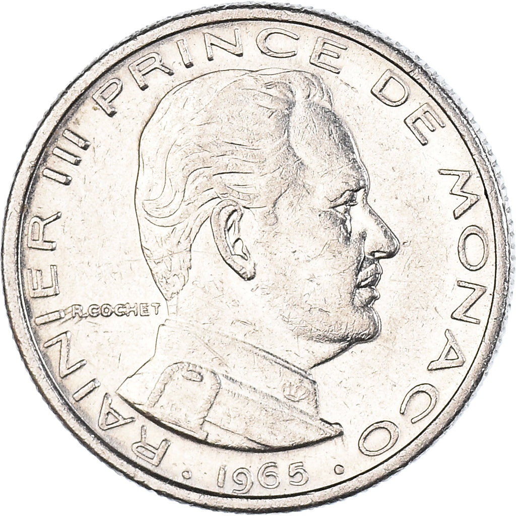 Coin, Monaco, Rainier III, 1/2 Franc, 1965, AU(50-53), Nickel, KM:145