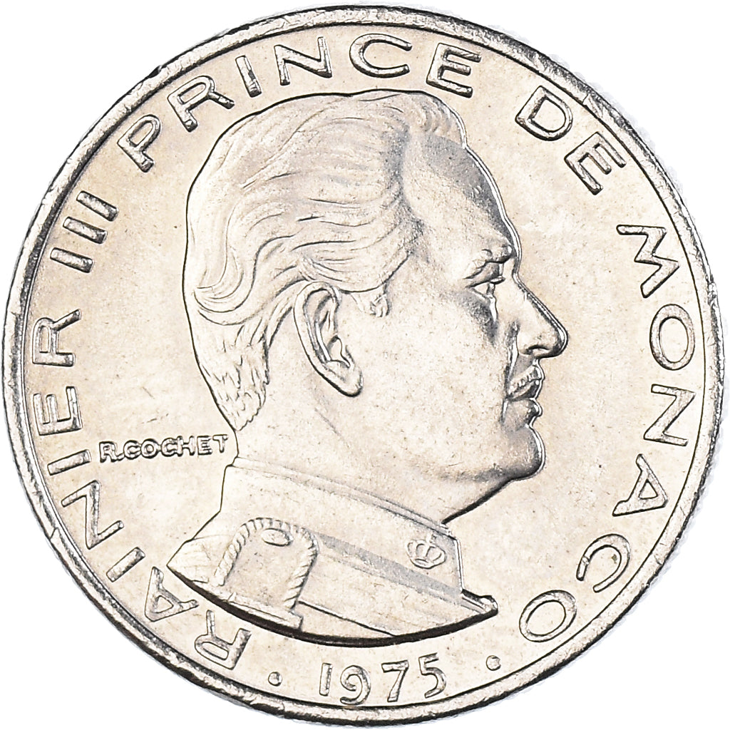 Coin, Monaco, Rainier III, 1/2 Franc, 1975, MS(60-62), Nickel, KM:145