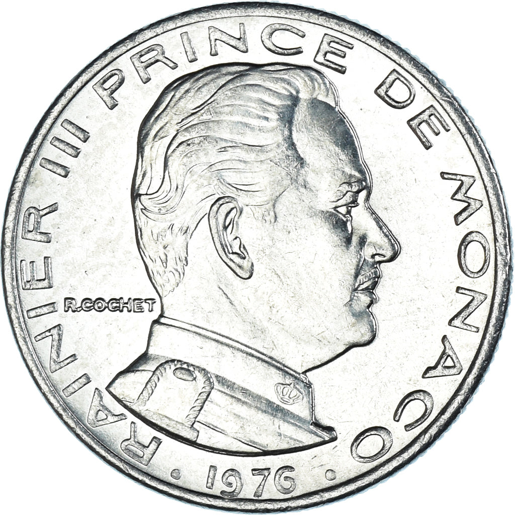 Coin, Monaco, Rainier III, 1/2 Franc, 1976, AU(55-58), Nickel, KM:145